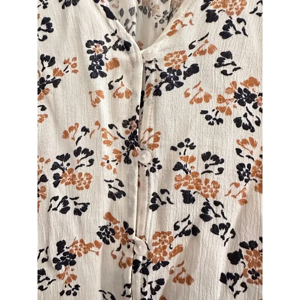 Liz Claiborne Petite Lrg Floral Blouse Cream Tan Navy Abstract‎ Print Cap Sleeve - Picture 6 of 8